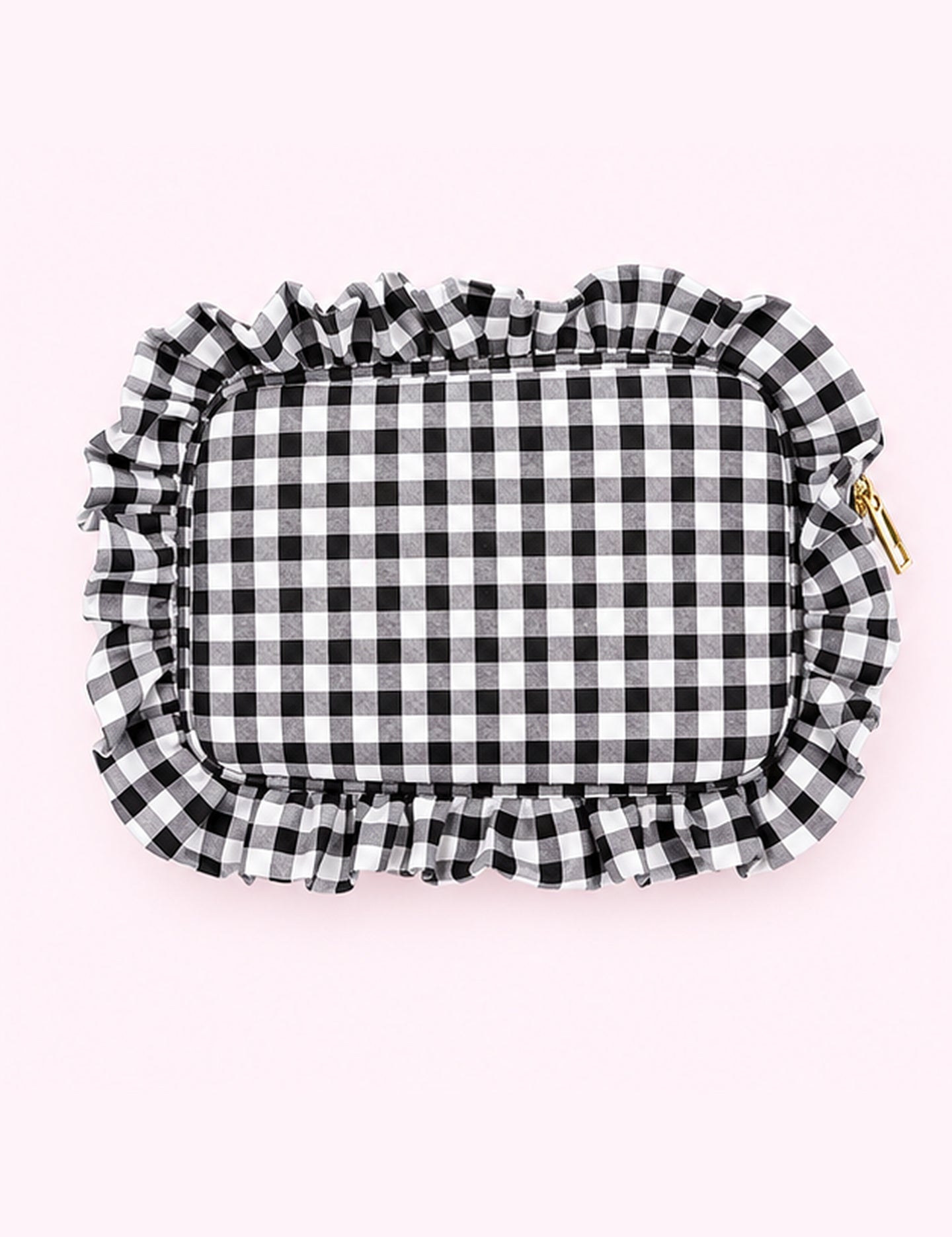 Ninety Nine Boutique super-pale pink accessory product photo: Black Gingham Frilly Makeup Bag (October 1, 2026)