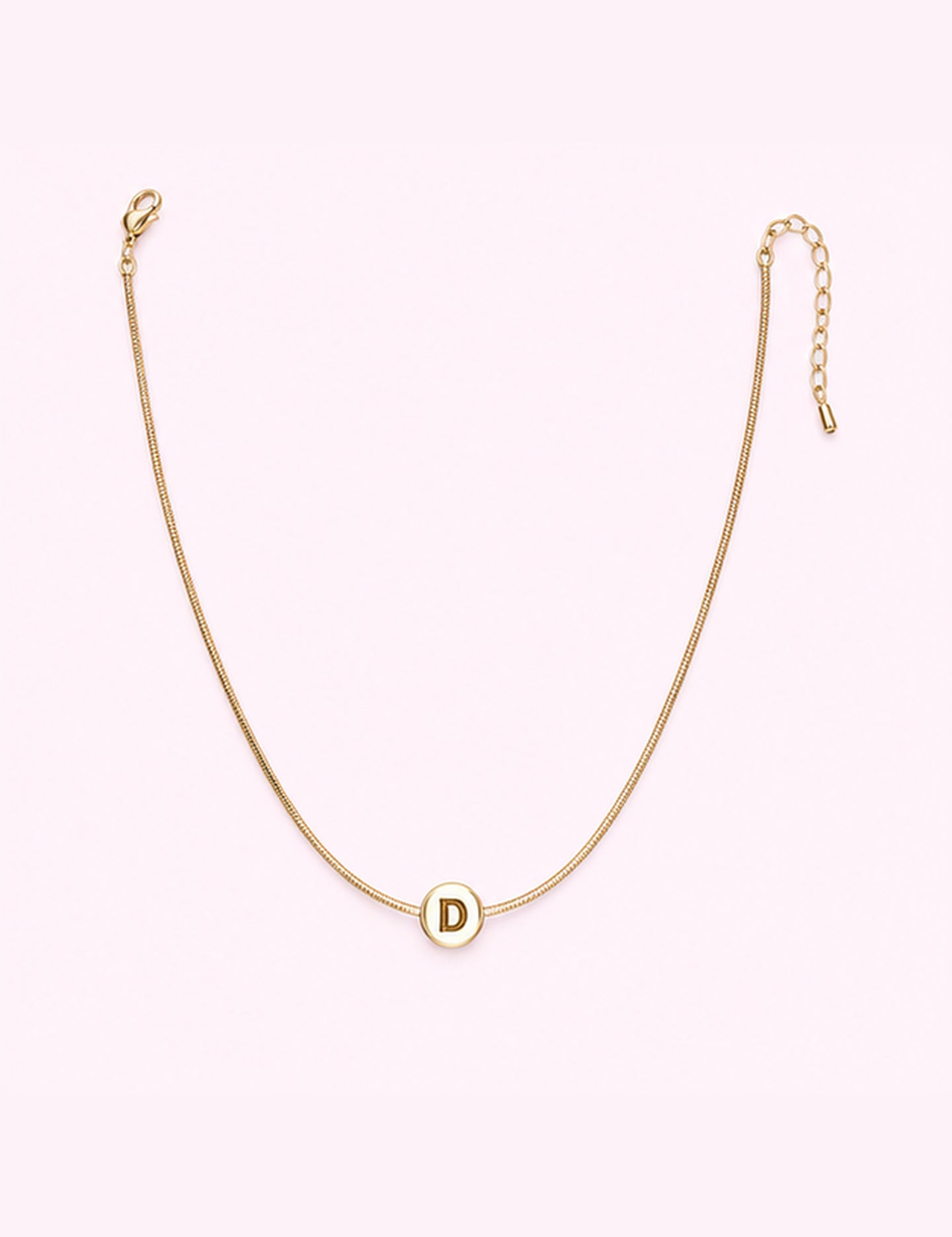 Ninety Nine Boutique super-pale pink accessory product photo: "D" ROUND SNAKE CHAIN INITIAL NECKLACE (October 1, 2026)