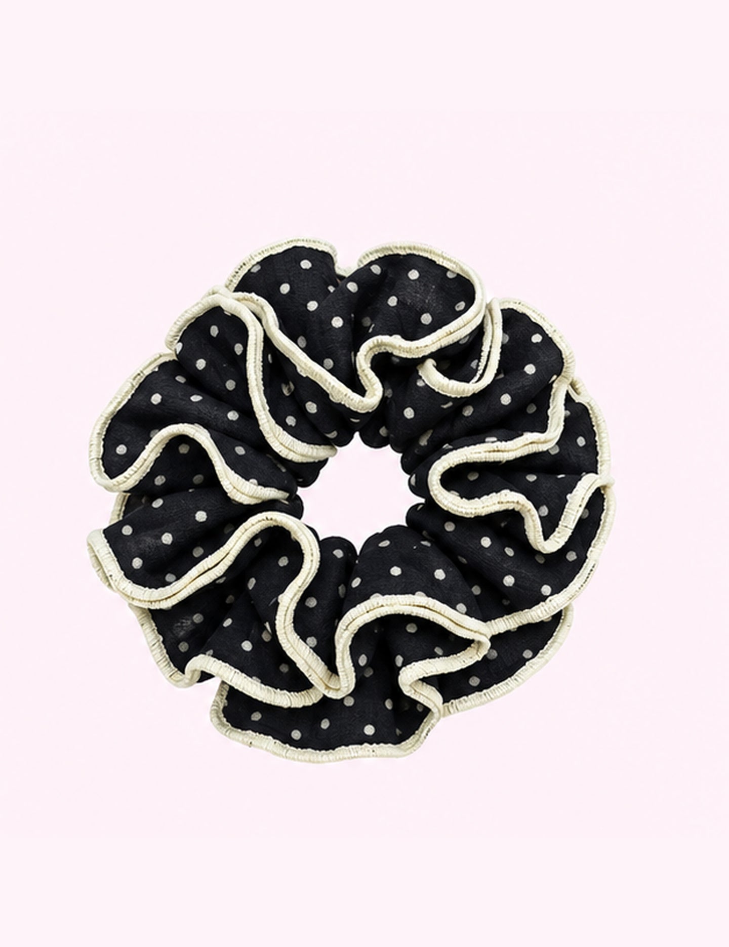 Ninety Nine Boutique super-pale pink accessory product photo: Black & Cream Polka Dot Corset Scrunchie (October 1, 2026)