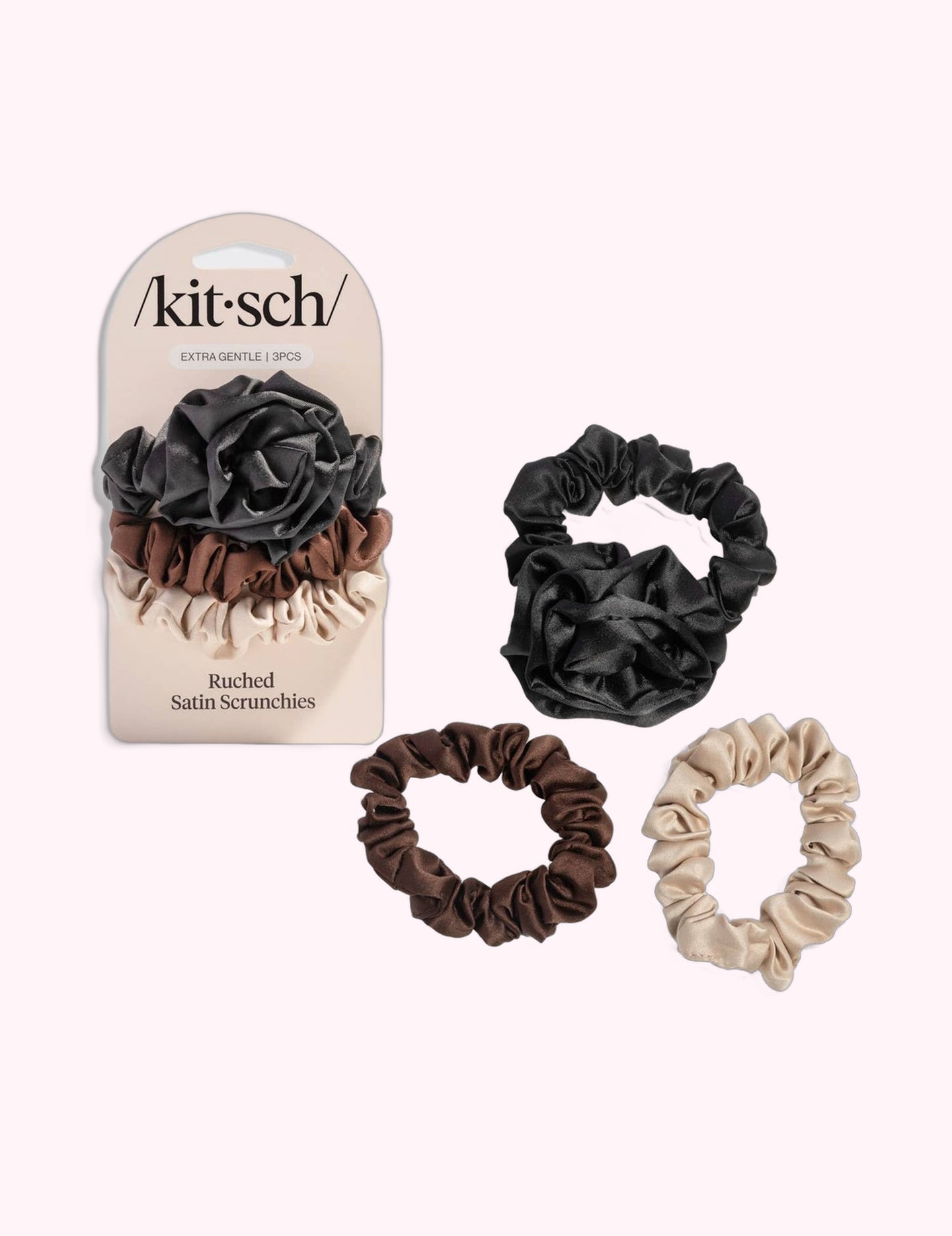 Ninety Nine Boutique super-pale pink accessory product photo: Rosette Ruched Satin Scrunchies 3pc Set - Black (October 2, 2026)