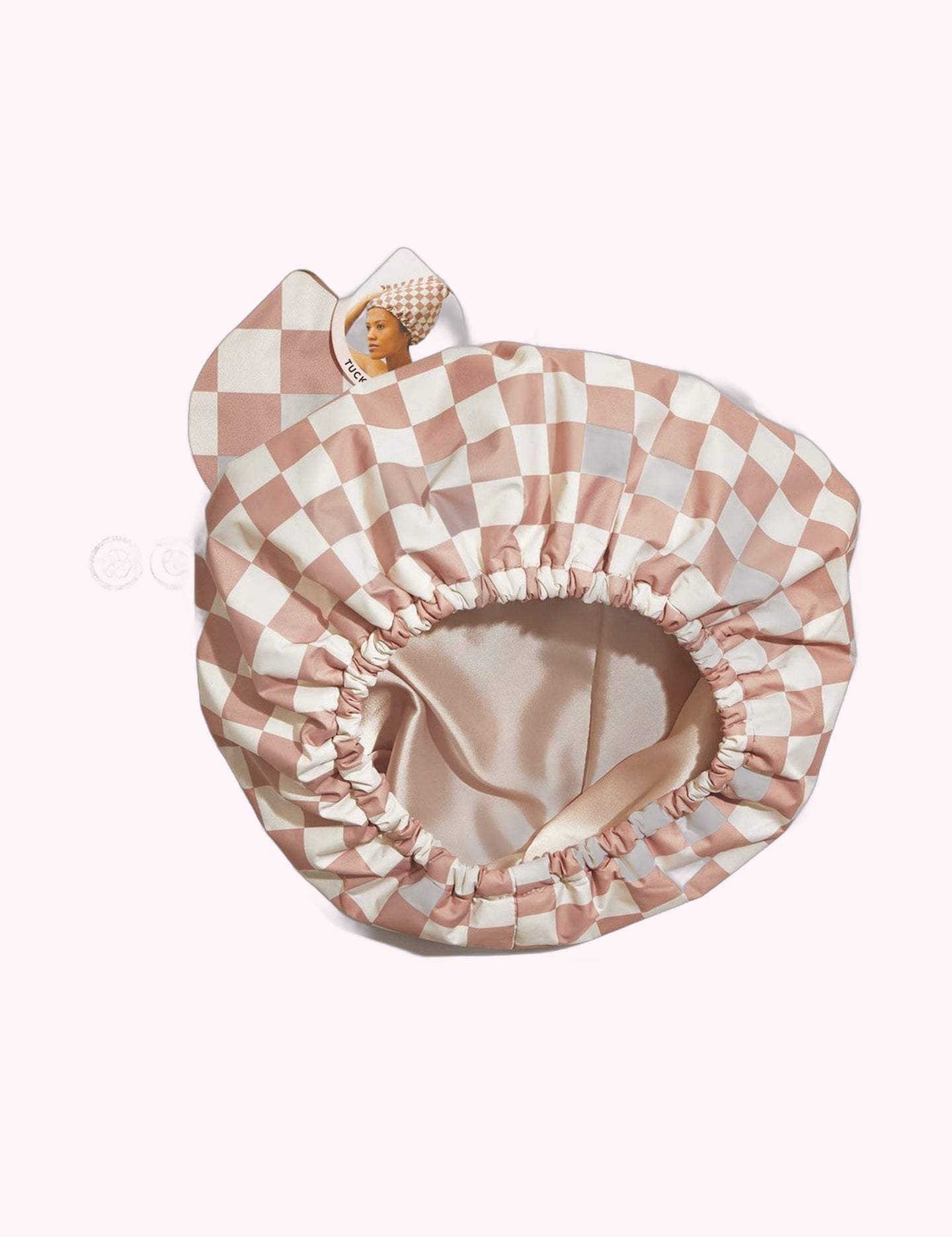 Ninety Nine Boutique super-pale pink accessory product photo: Satin Lined Flexi Shower Cap - Terracotta Checker (October 2, 2026)