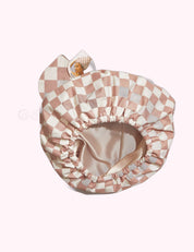 Ninety Nine Boutique super-pale pink accessory product photo: Satin Lined Flexi Shower Cap - Terracotta Checker (October 2, 2026)
