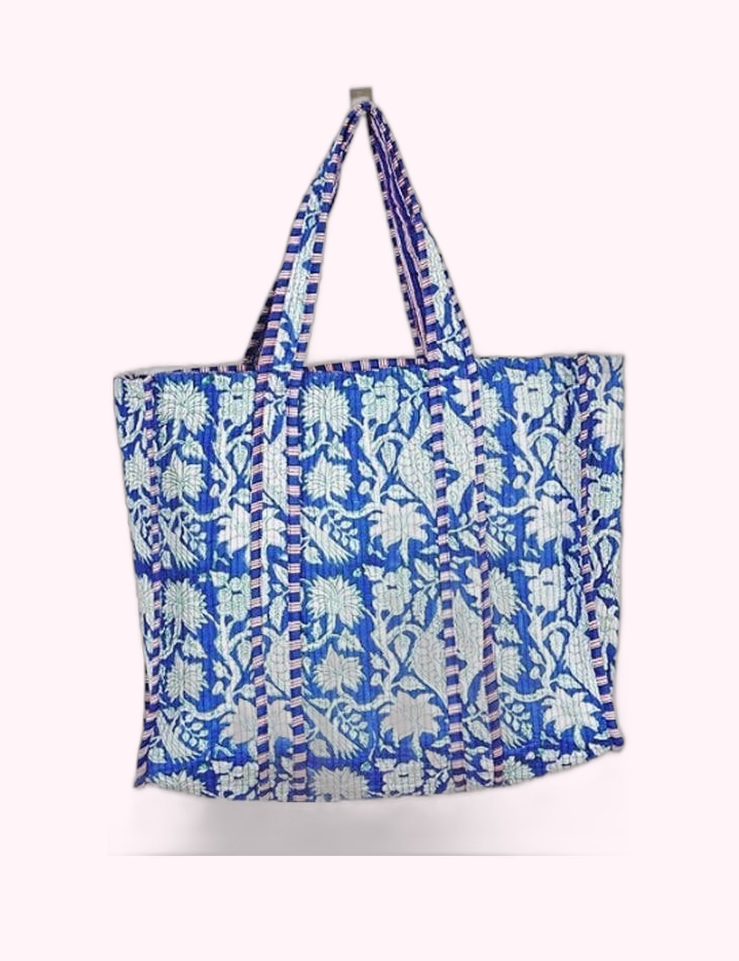 Ninety Nine Boutique super-pale pink accessory product photo: Blue & Green Bird  Reversible Quilted Tote Bag (October 2, 2026)