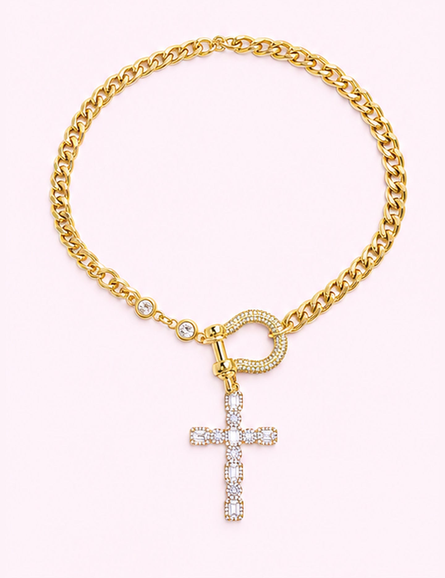 Ninety Nine Boutique super-pale pink accessory product photo: Gold Iris Cross Necklace (October 1, 2026)