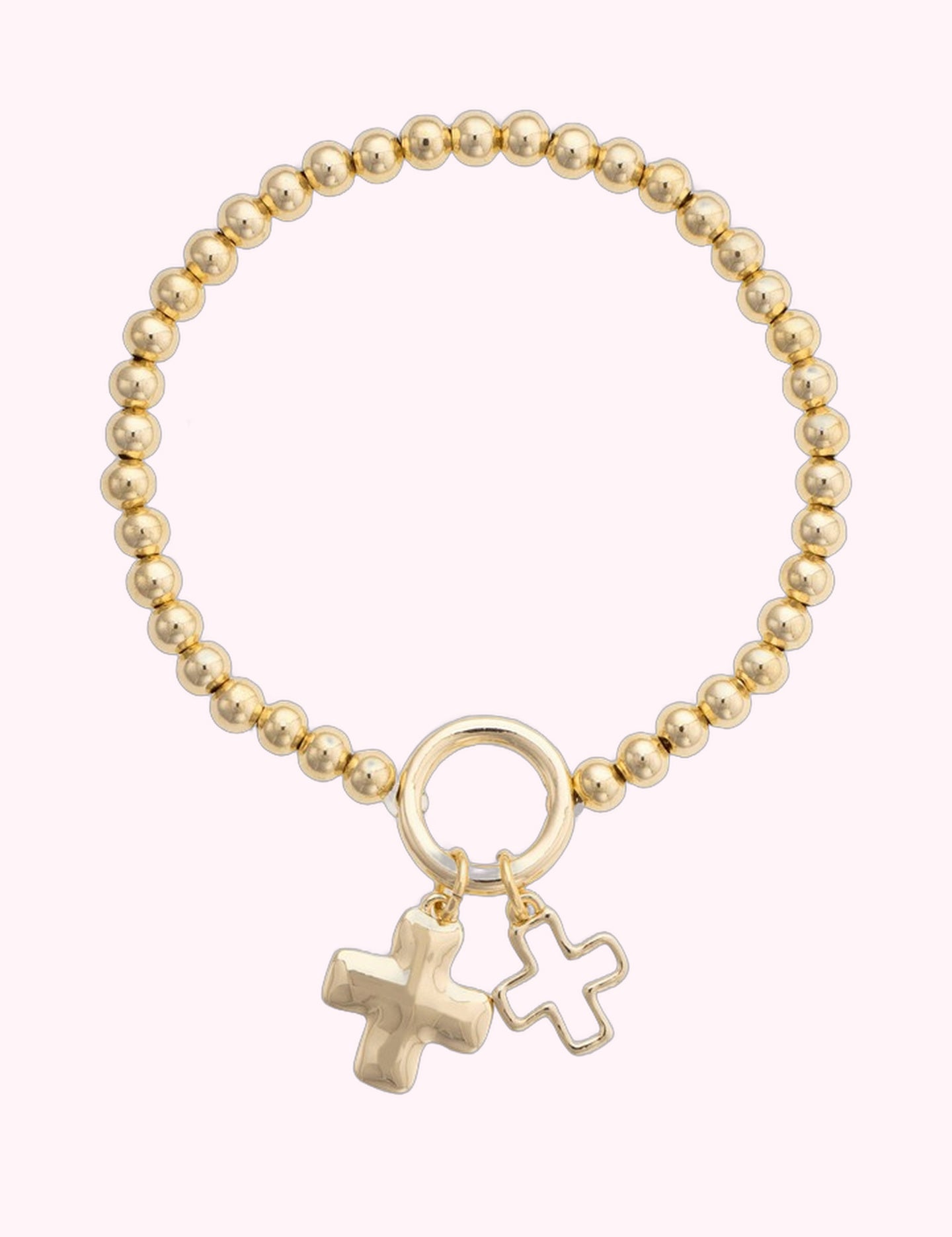 Ninety Nine Boutique super-pale pink accessory product photo: Loretta Cross Charm Ball Bead Bracelet in Shiny Gold (October 2, 2026)