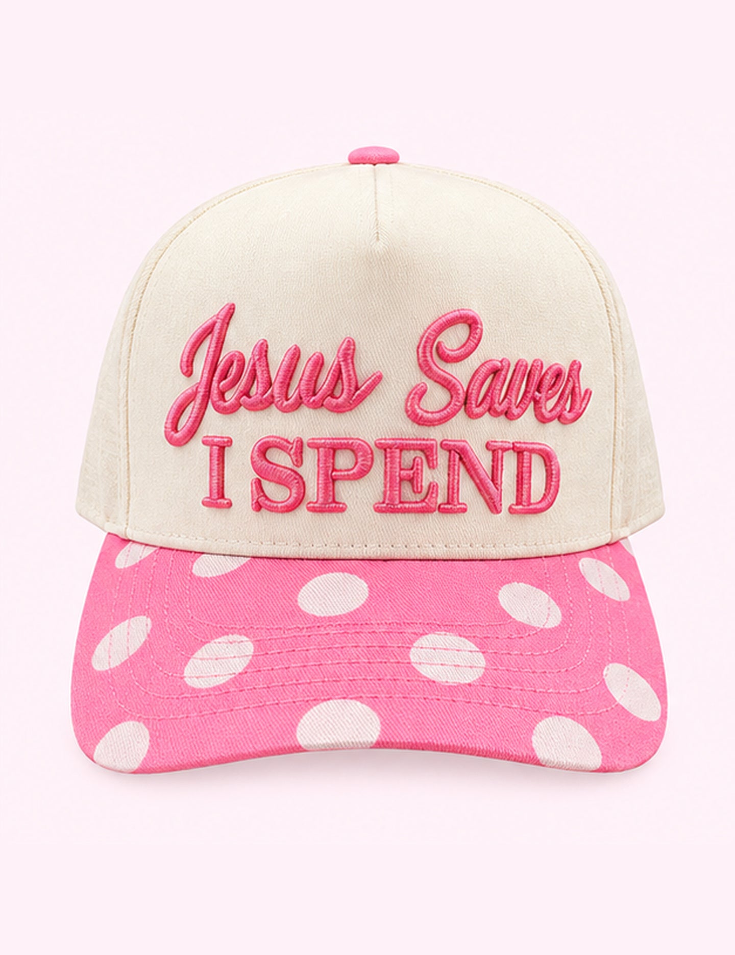 Ninety Nine Boutique super-pale pink accessory product photo: Pink Polka Dot Jesus Saves I spend trucker hat (October 1, 2026)