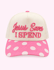 Ninety Nine Boutique super-pale pink accessory product photo: Pink Polka Dot Jesus Saves I spend trucker hat (October 1, 2026)