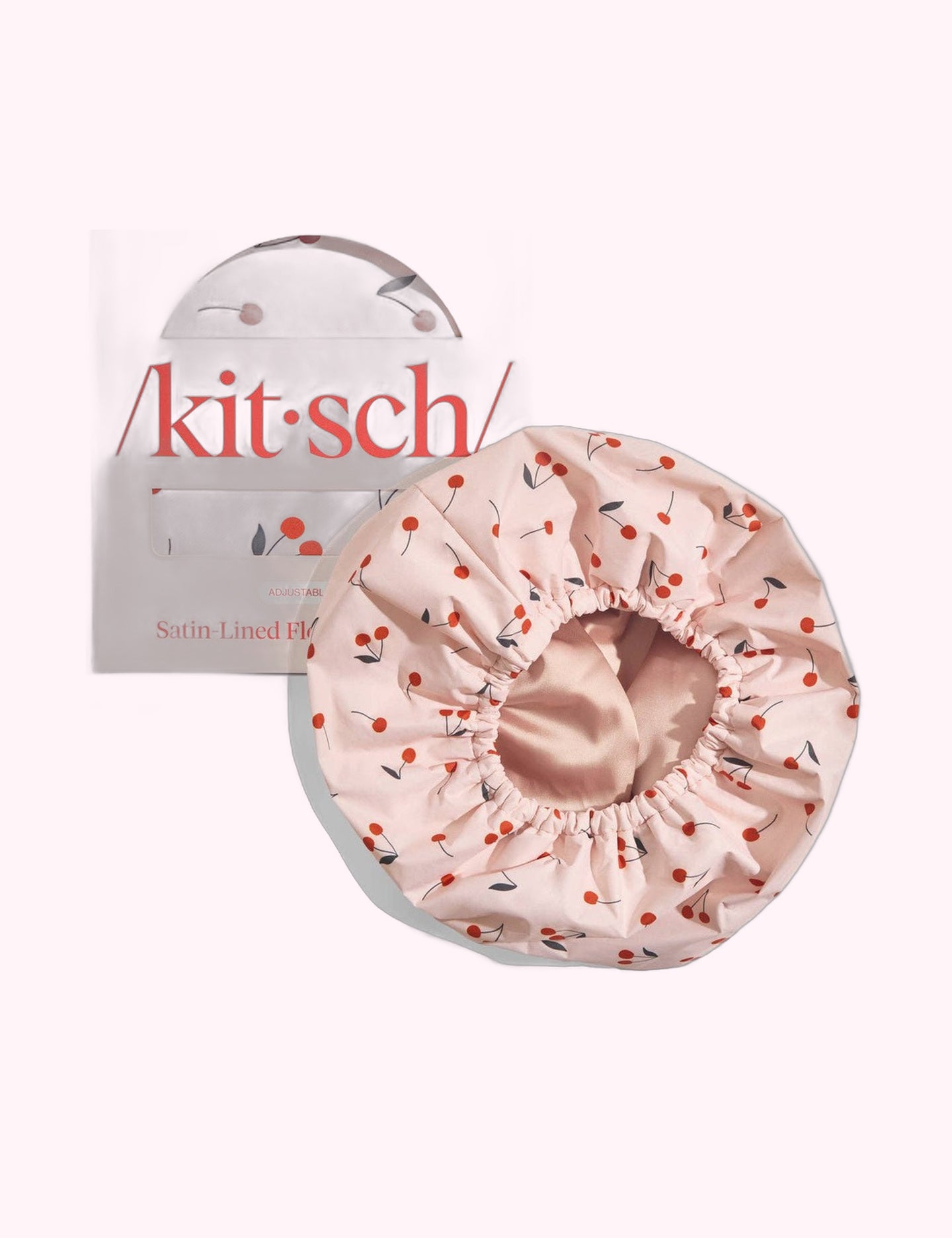 Ninety Nine Boutique super-pale pink accessory product photo: Satin-Lined Flexi Shower Cap - Cherry Print (October 2, 2026)
