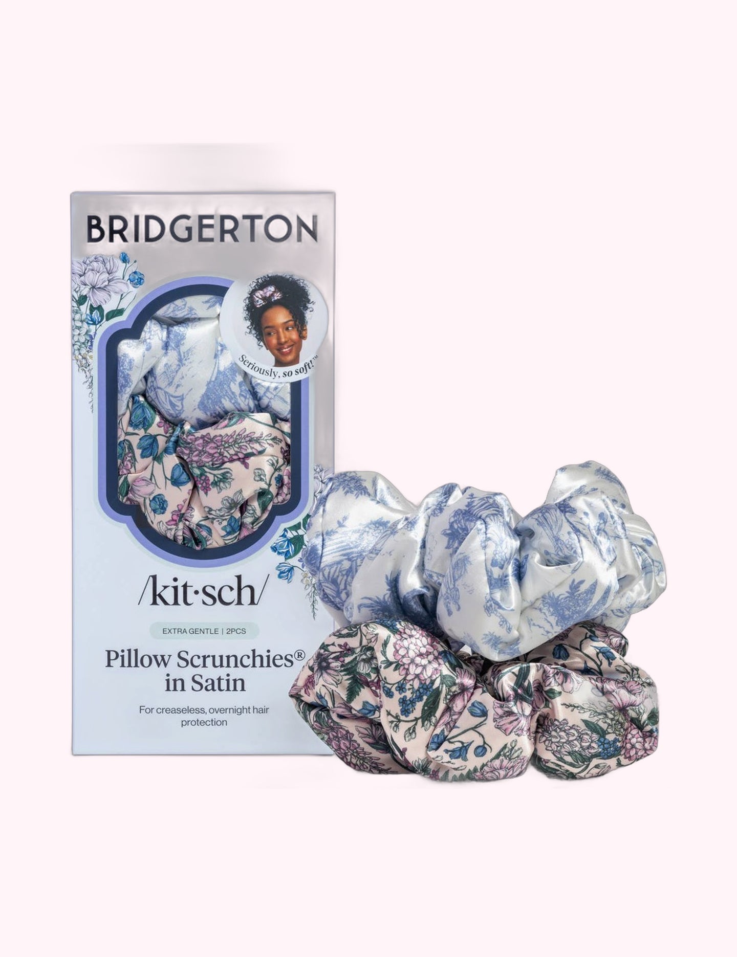 Ninety Nine Boutique super-pale pink accessory product photo: Bridgerton x Kitsch Satin Pillow Scrunchies® in Toile in Bloom (October 2, 2026)