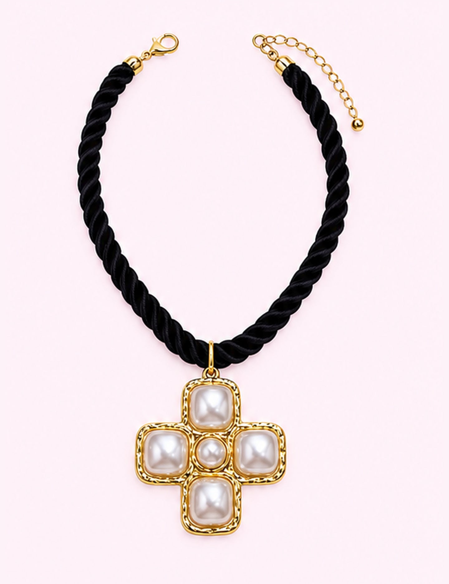 Ninety Nine Boutique super-pale pink accessory product photo: Black Pearl Cross Rope Necklace (October 1, 2026)