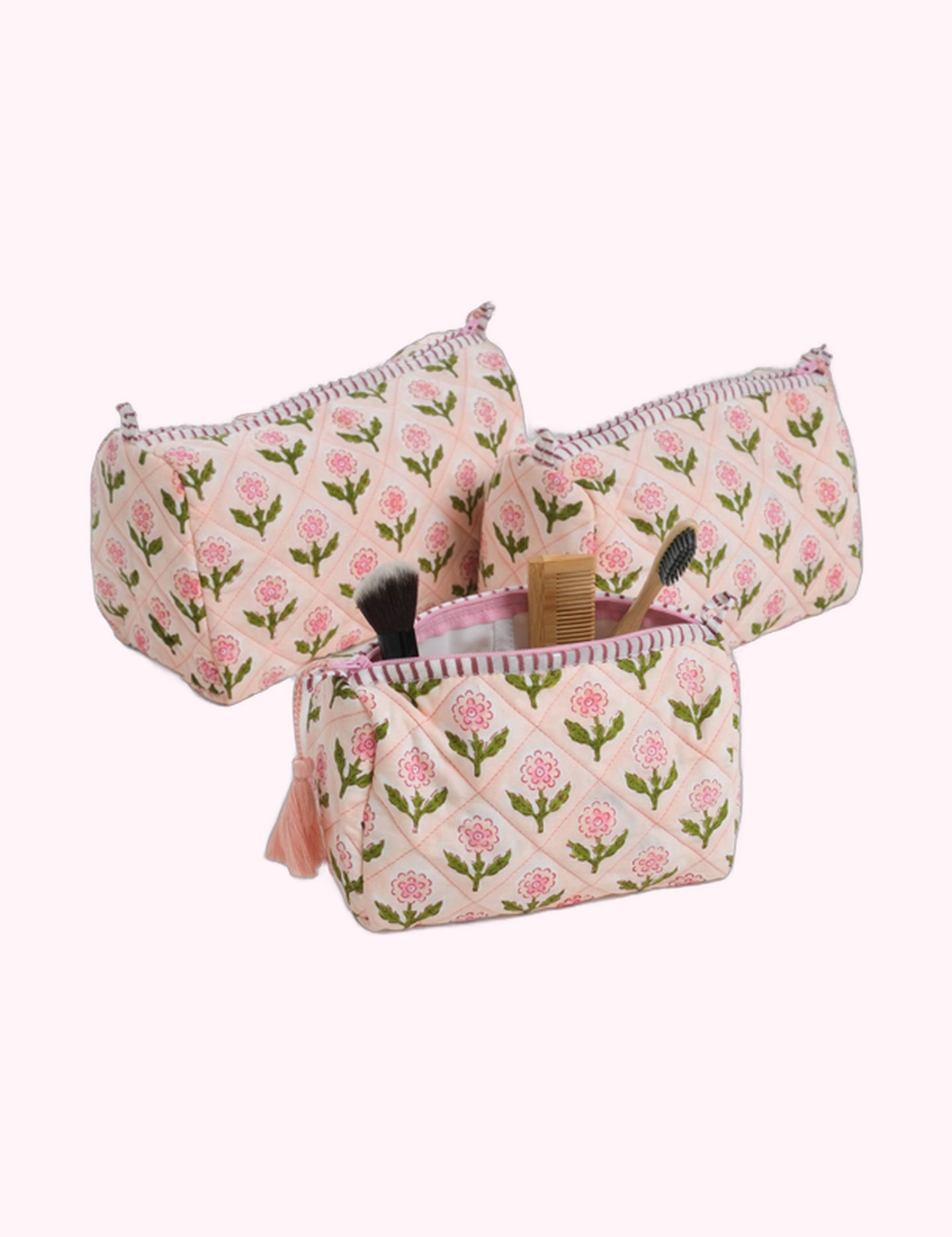 Ninety Nine Boutique super-pale pink accessory product photo: Mona Blockprint Makeup Bag in Pink (October 2, 2026)