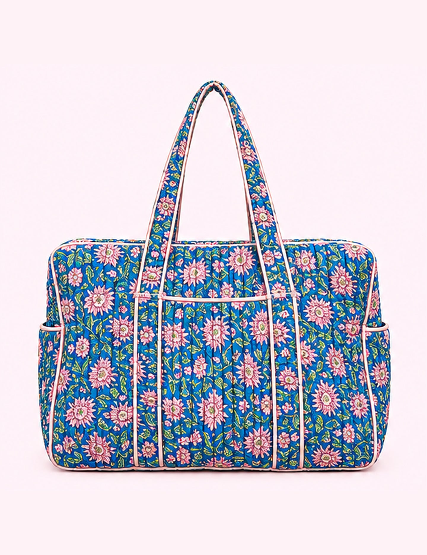 Ninety Nine Boutique super-pale pink accessory product photo: Blue Quilted Weekender Tote Bag (October 1, 2026)
