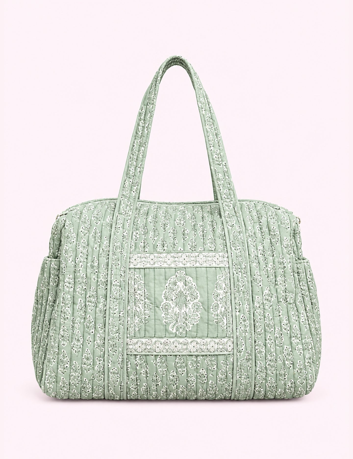 Ninety Nine Boutique super-pale pink accessory product photo: Green Quilted Weekender Tote Bag (October 1, 2026; complete bag and straps)