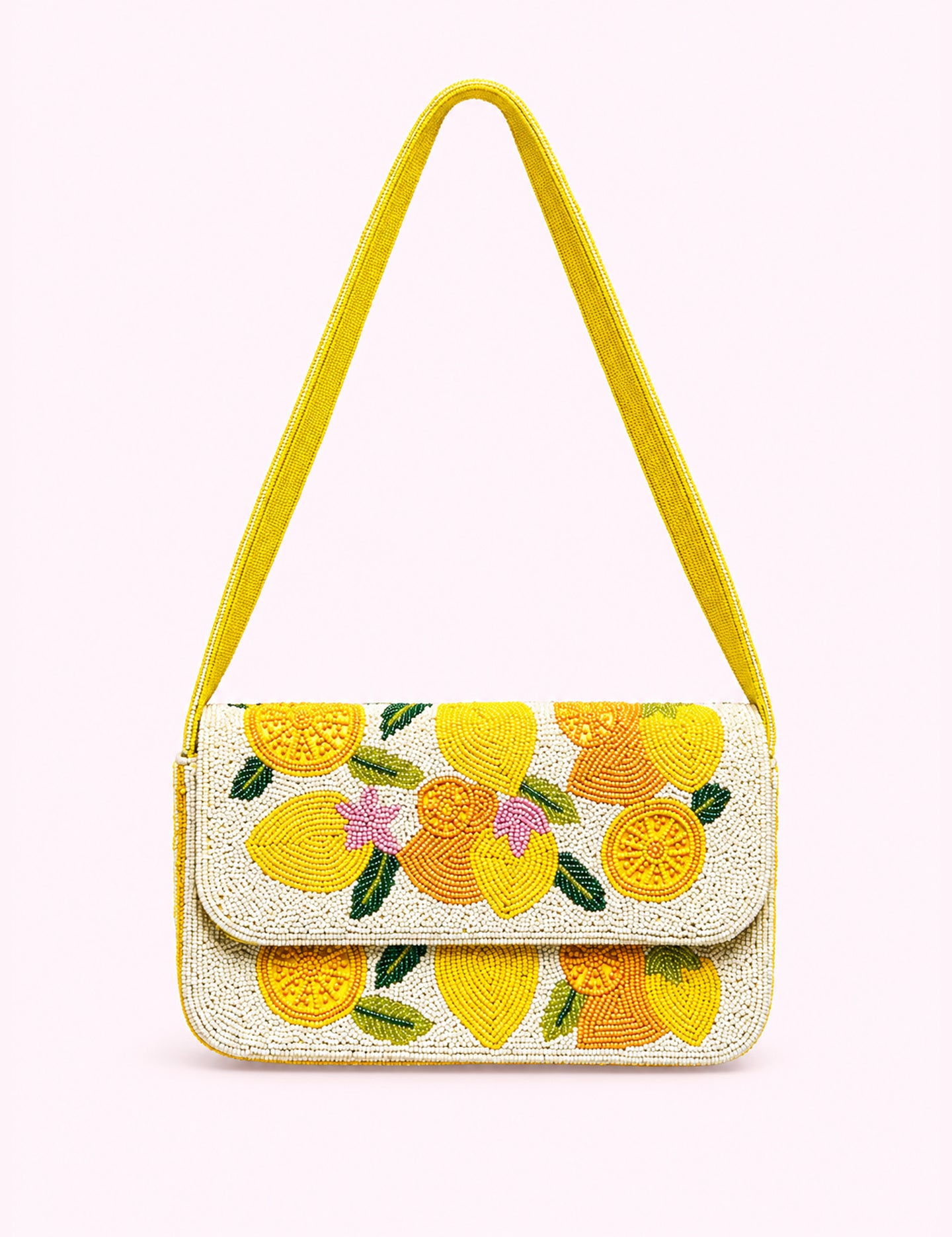 Ninety Nine Boutique super-pale pink accessory product photo: Yellow Beaded Shoulder Bag (October 1, 2026; complete bag and straps)