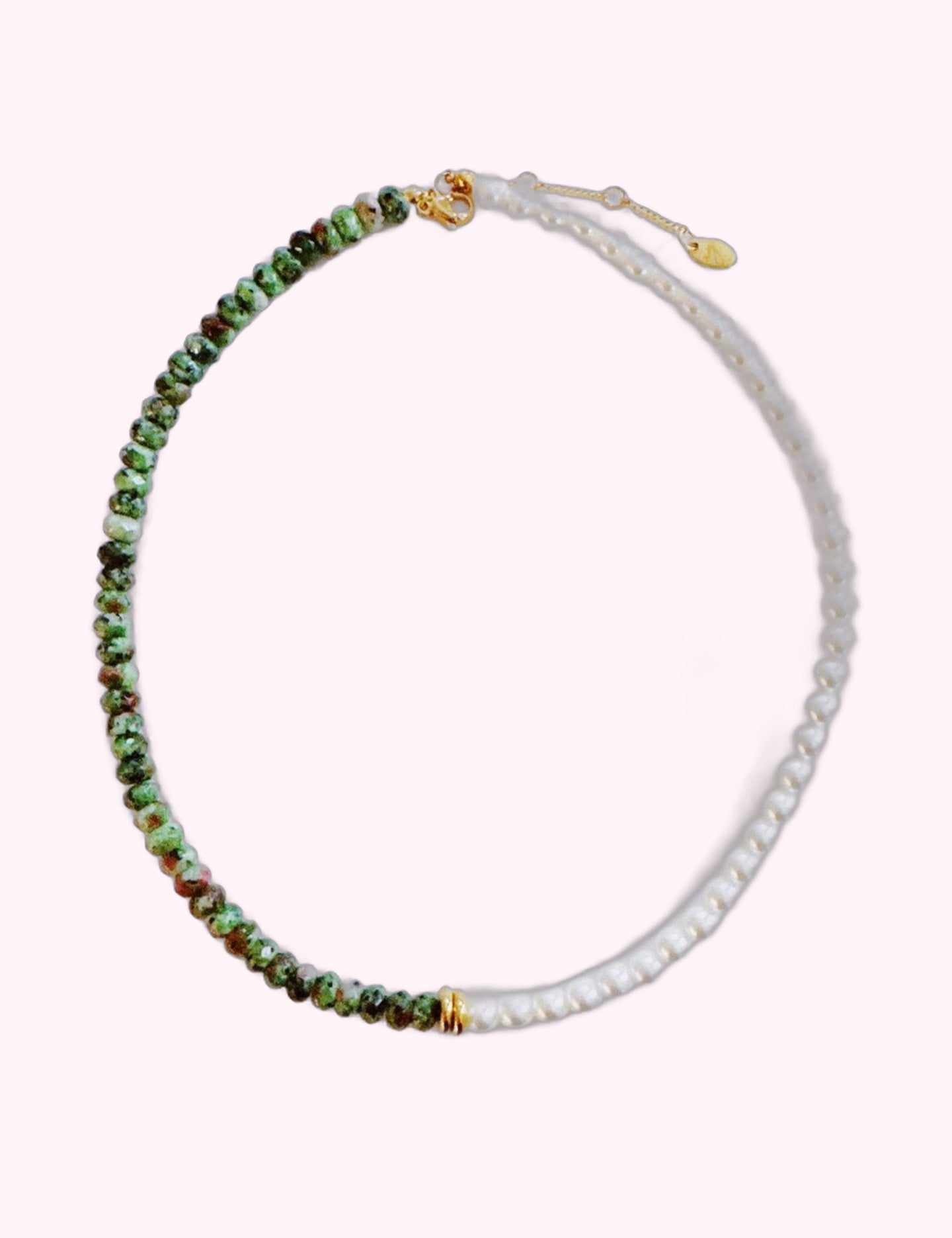 Ninety Nine Boutique super-pale pink accessory product photo: Pearl & Green Gem Harmony Necklace (October 2, 2026)