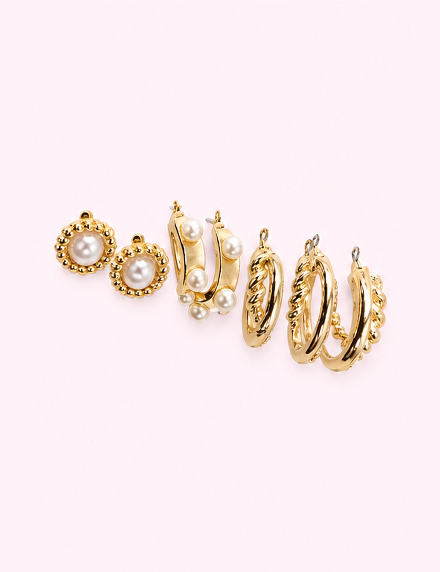 Ninety Nine Boutique super-pale pink accessory product photo: Gold Pearl Hoop Trio Earrings (October 1, 2026)