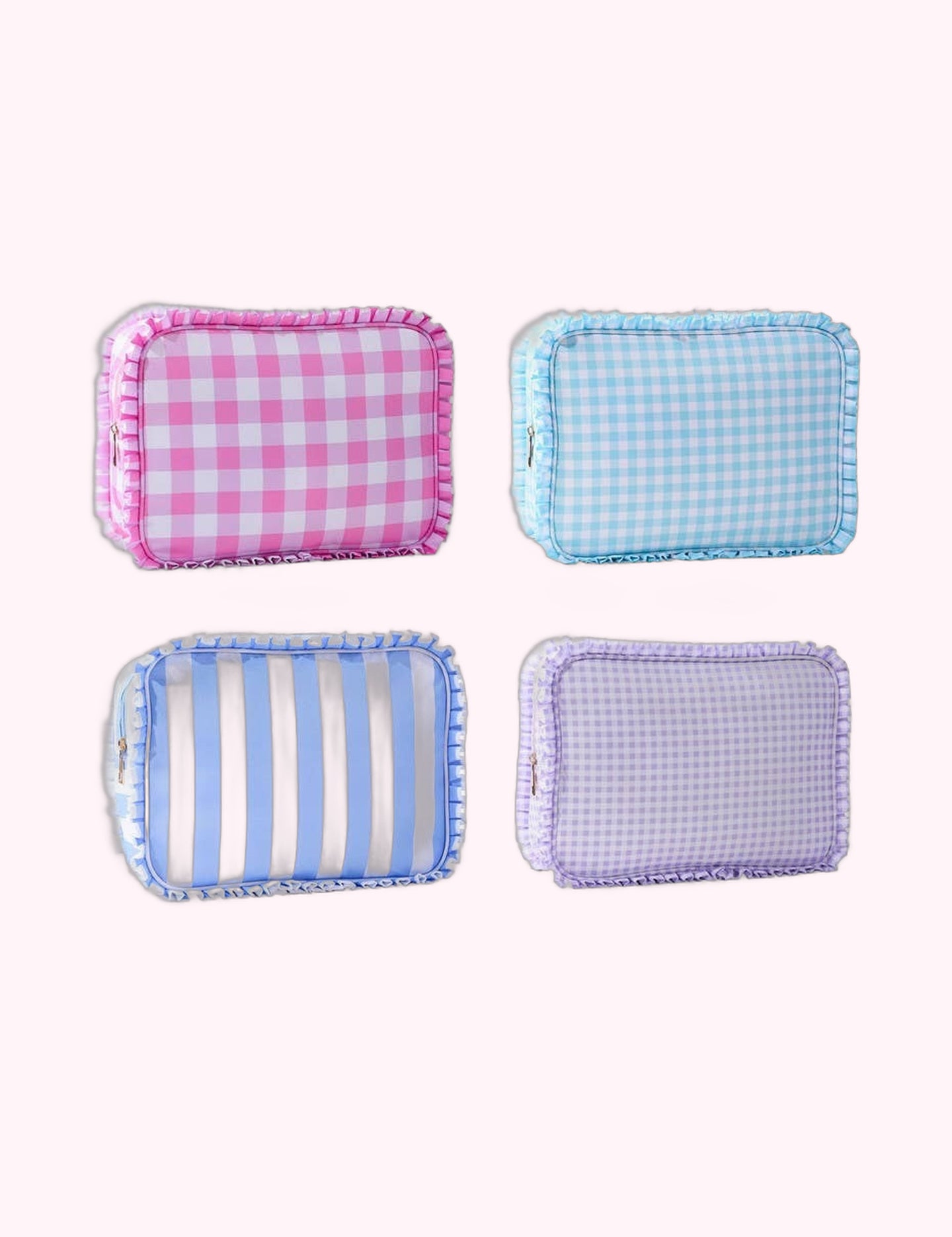 Ninety Nine Boutique super-pale pink accessory product photo: Ruffle Checker Stripe Cosmetic Bag (October 2, 2026)
