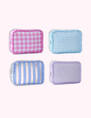 Ninety Nine Boutique super-pale pink accessory product photo: Ruffle Checker Stripe Cosmetic Bag (October 2, 2026)