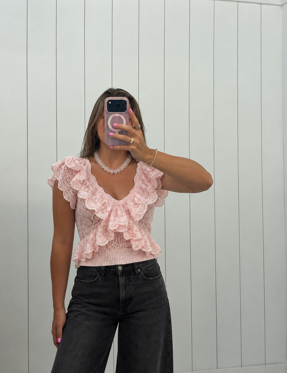 Pink Ruffle Knit Lace Top