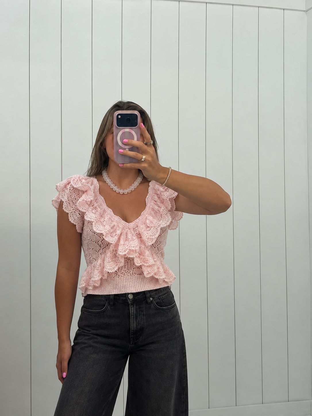 Pink Ruffle Knit Lace Top