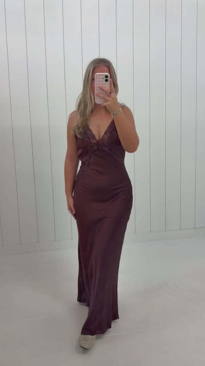 Brown Lace Trim Satin Maxi Dress