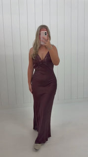 Brown Lace Trim Satin Maxi Dress