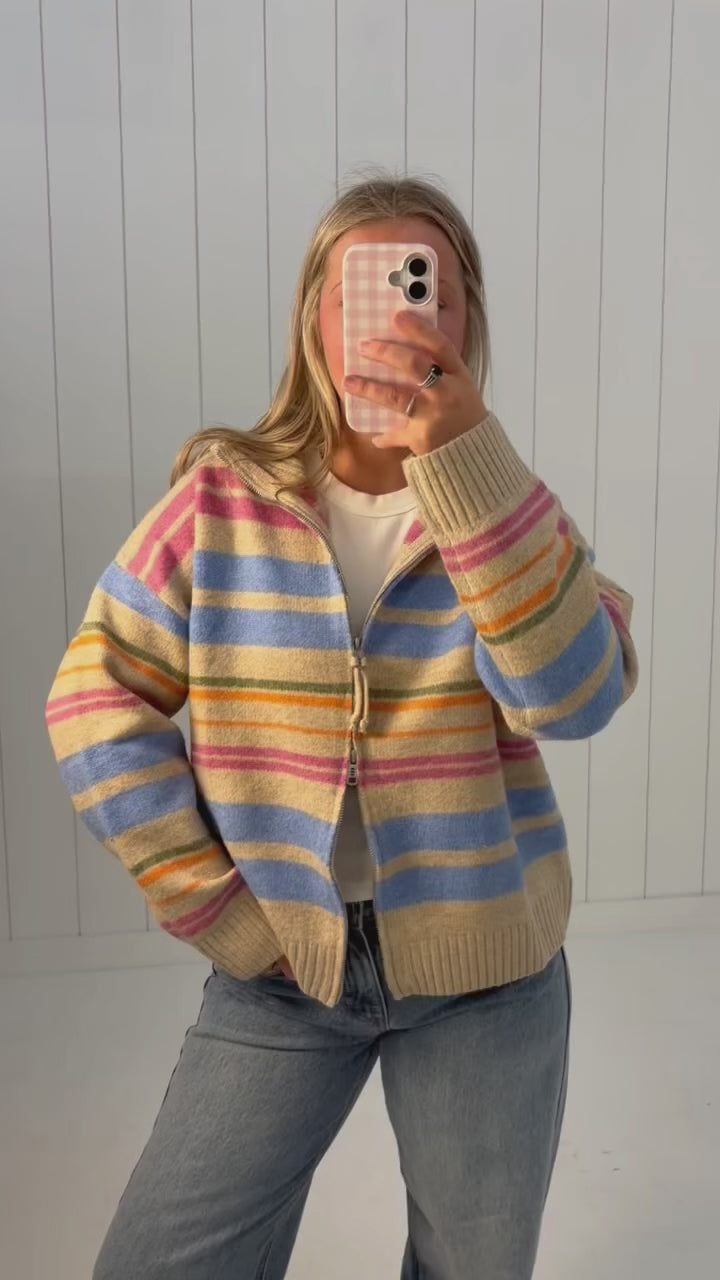 Cream Striped Mock Neck Zip Up Cardigan