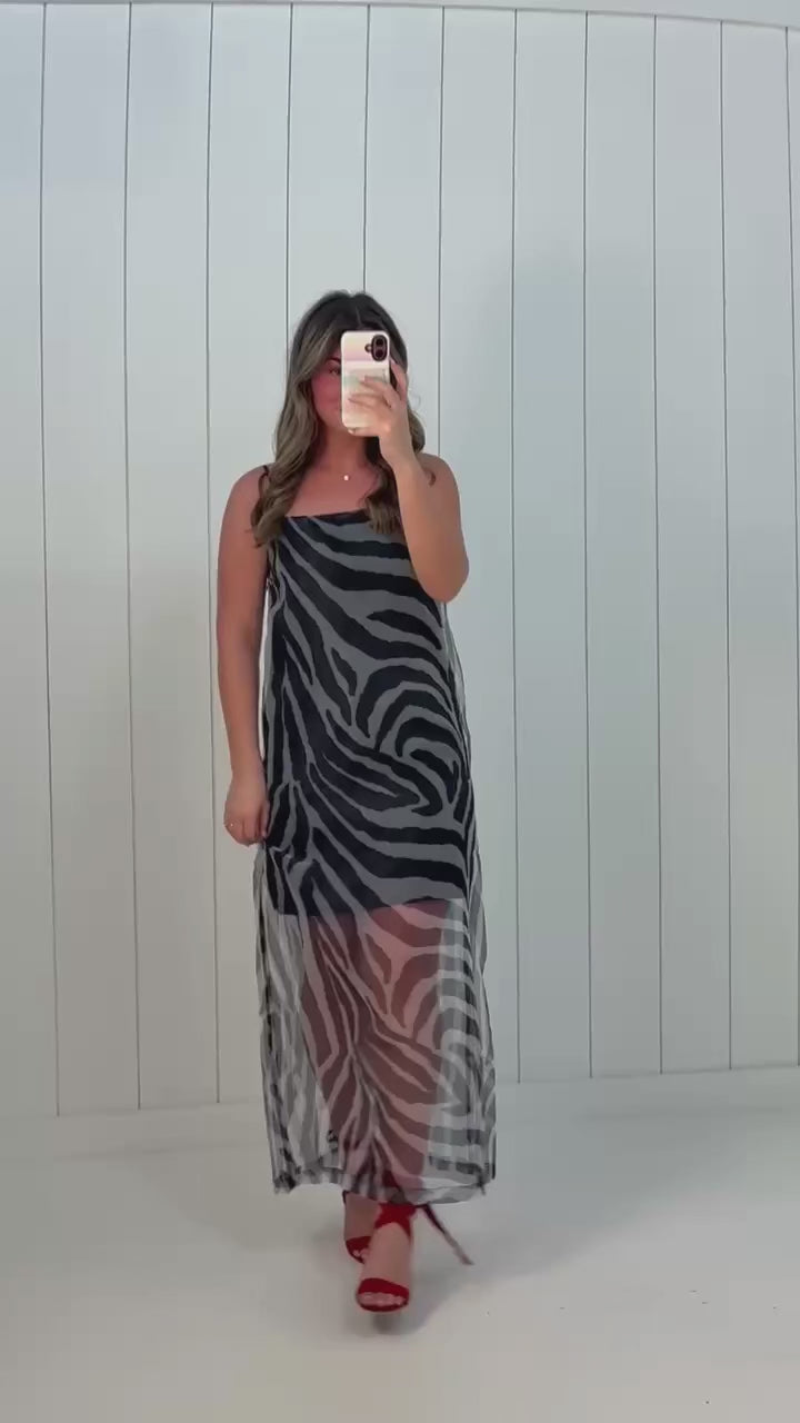 Black Zebra Sheer Mesh Maxi Dress