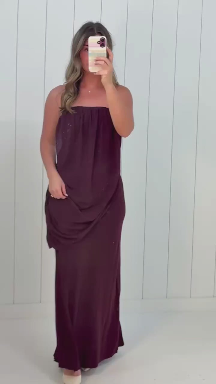 Purple Strapless Draped Maxi Dress