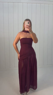 Burgundy Strapless Corset Maxi Dress