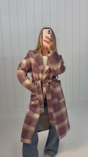 Lavender Plaid Belted Long Coat