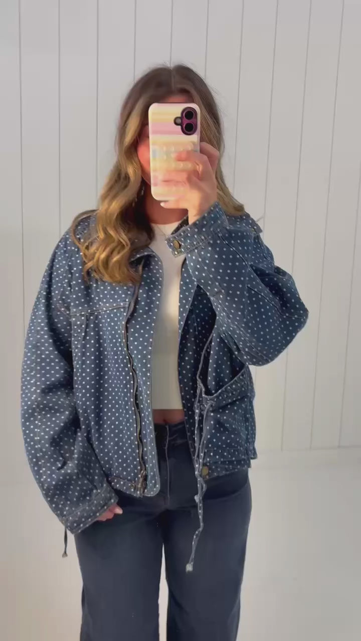 Blue Polka Dot Denim Bomber Jacket