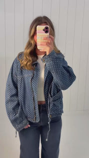 Blue Polka Dot Denim Bomber Jacket