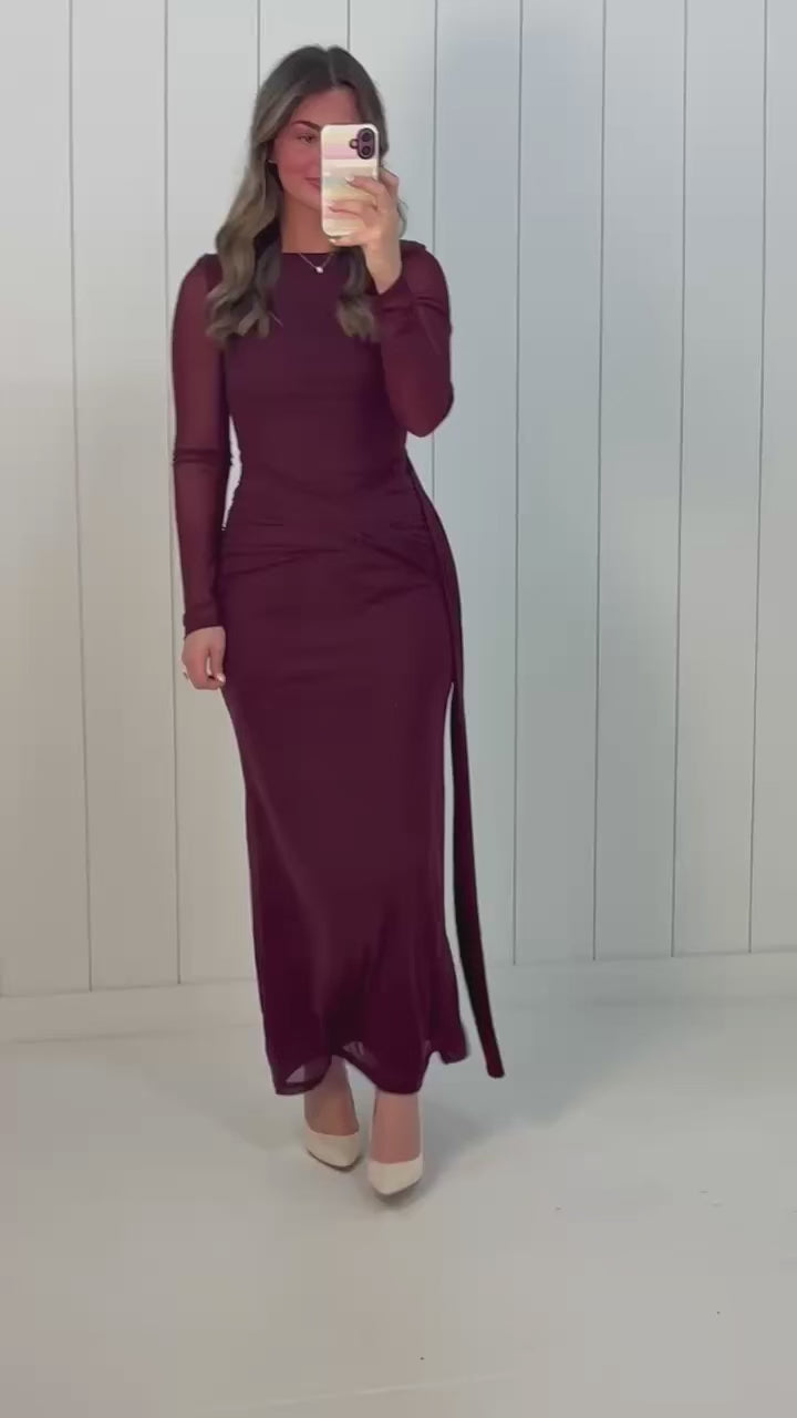 Burgundy Open-Back Long Sleeve Maxi Dress