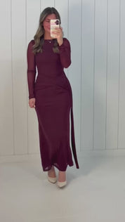 Burgundy Open-Back Long Sleeve Maxi Dress