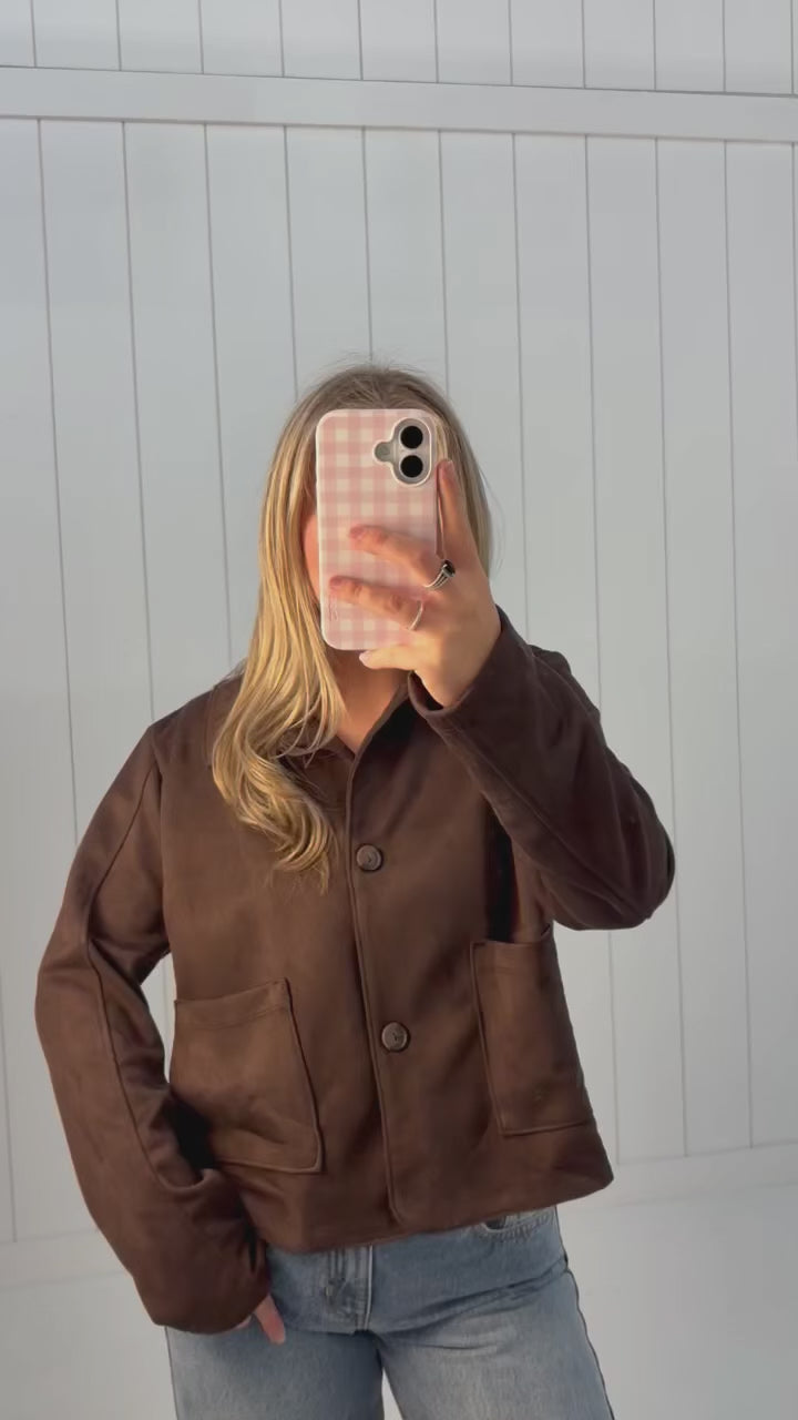 Brown Cropped Faux Suede Jacket