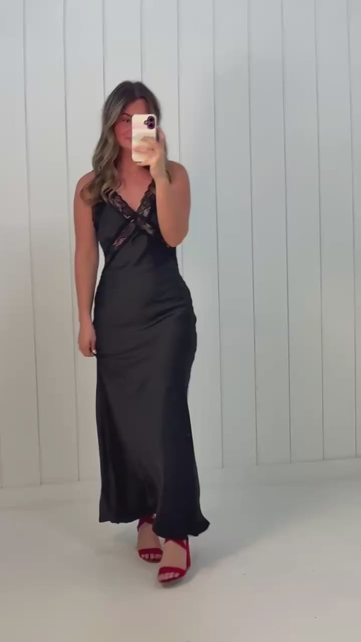 Black Lace Trim Satin Maxi Dress