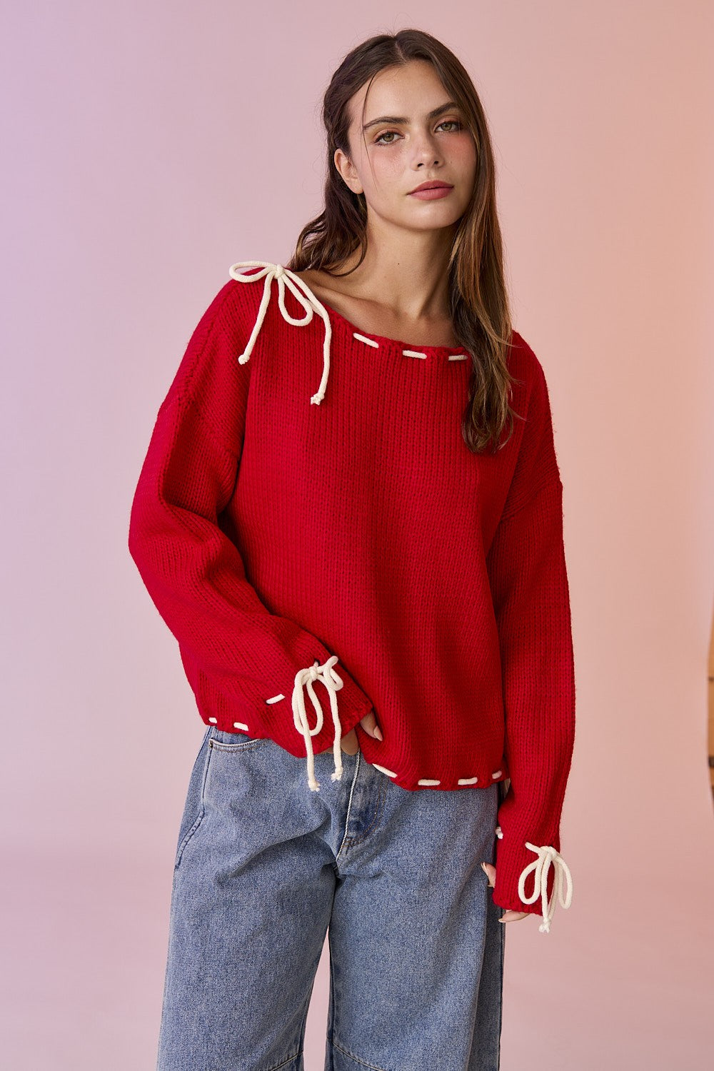 Red Contrast Bow Sweater