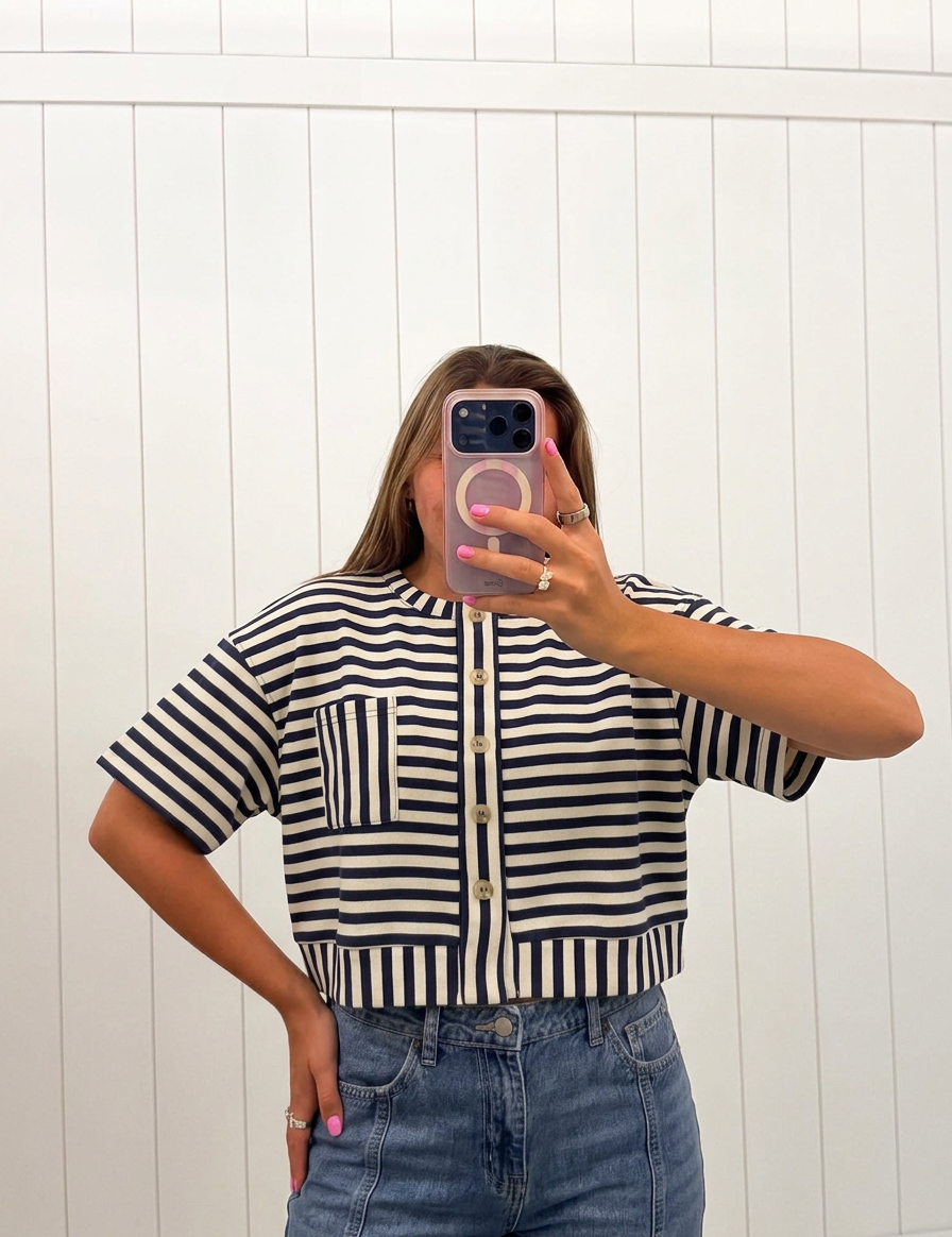 Navy Stripe Button Down Top