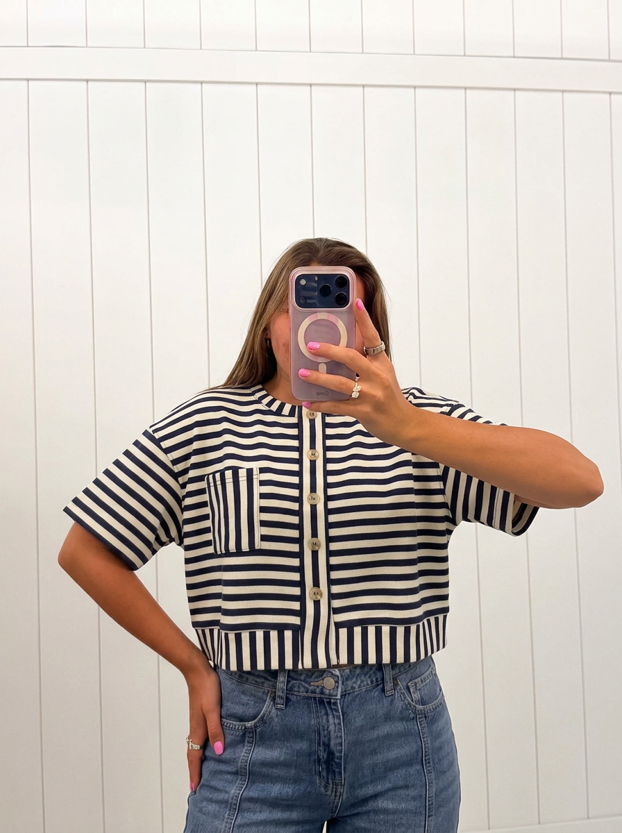 Navy Stripe Button Down Top