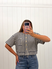 Navy Stripe Button Down Top