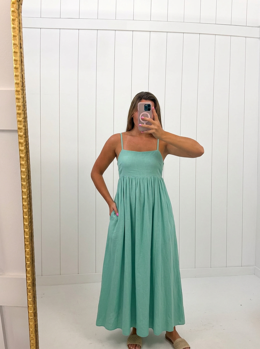 AI-assisted FASHN try-on of Mint Open Back Tie Strap Maxi Dress on boutique owner.