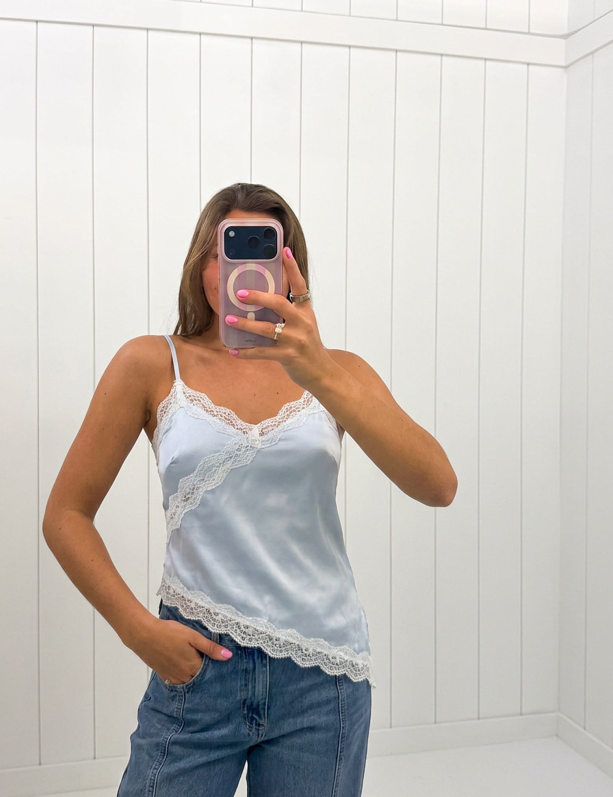 AI-assisted FASHN try-on of Blue Asymmetrical Satin Cami on boutique owner.