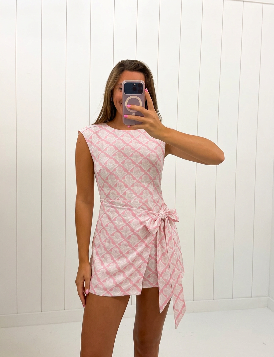 AI-assisted FASHN try-on of Pink Wrap Side Tie Detail Mini Dress on boutique owner.
