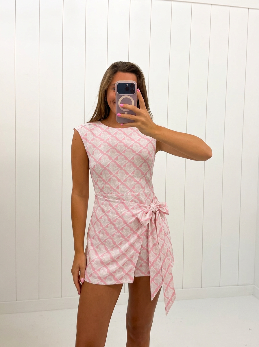 AI-assisted FASHN try-on of Pink Wrap Side Tie Detail Mini Dress on boutique owner.