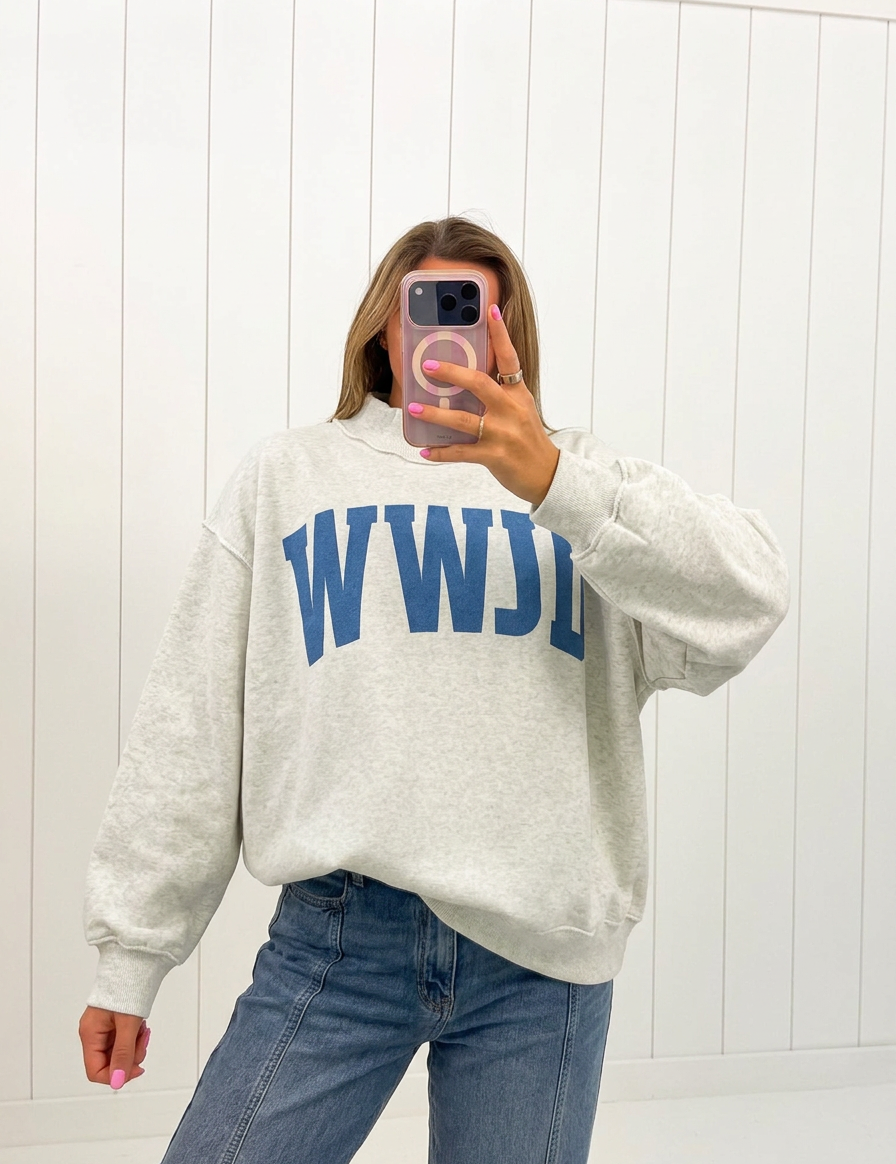 AI-assisted FASHN try-on of WWJD & Amen Reversible Mockneck, wwjd side; approved September 25, 2026.