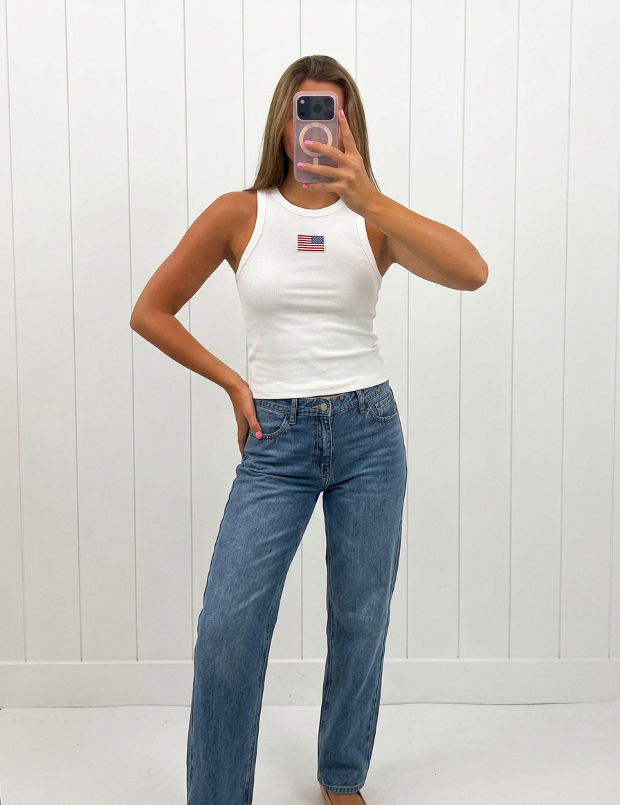 AI-assisted FASHN try-on of White USA Ribbed Tank Top on boutique owner.