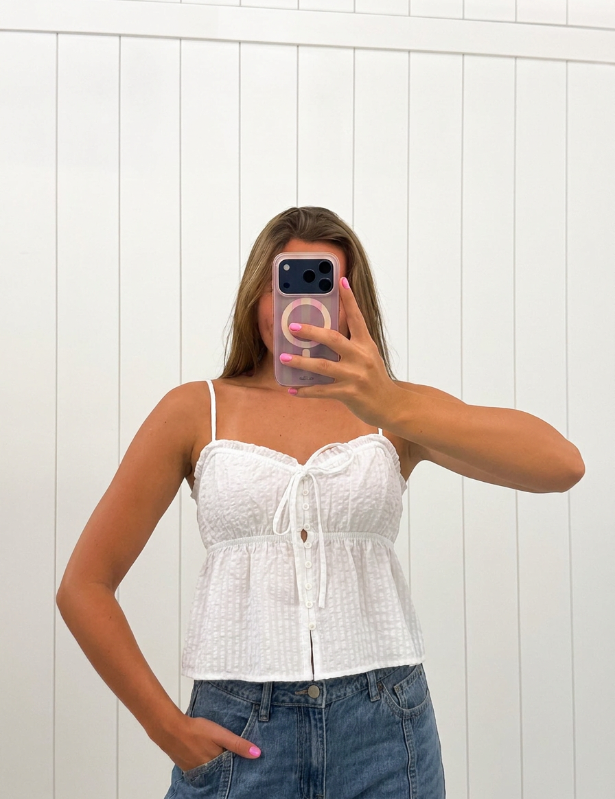 AI-assisted FASHN try-on of White Button-Front Peplum Cami Top on boutique owner.