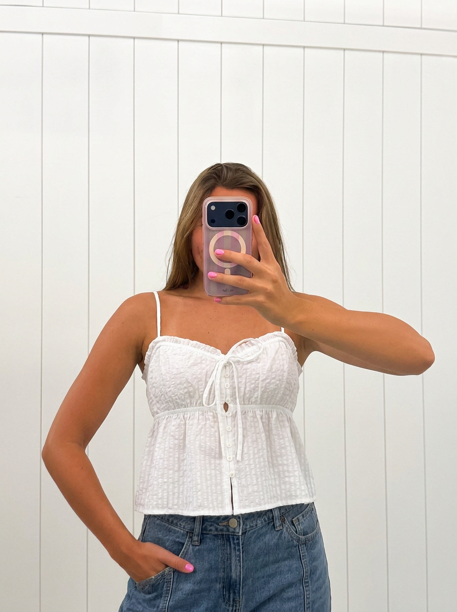 AI-assisted FASHN try-on of White Button-Front Peplum Cami Top on boutique owner.