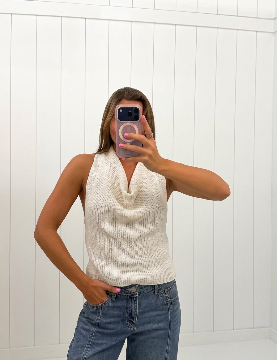 AI-assisted FASHN try-on of White Cowl Neck Sweater Top on boutique owner.